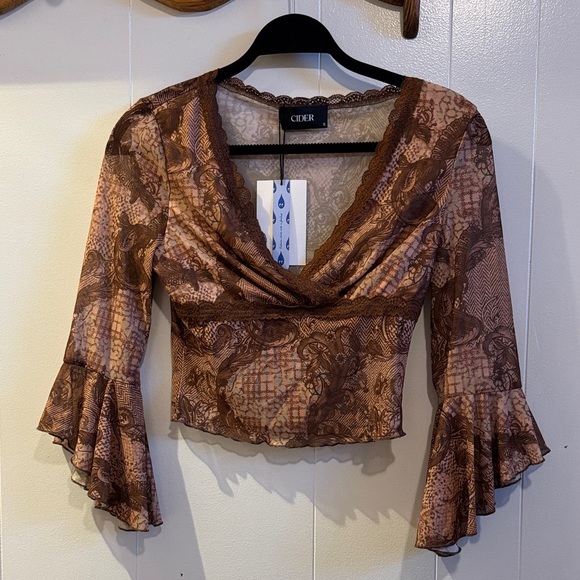 Cider Tops - Cider Brown Patterned Lace Blouse